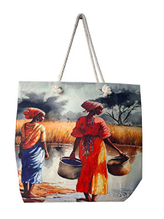 Spteks Karışık Renk Çift Taraf Baskı İnsan Figürlü Keçe Kadın Yazlık Plaj Ve Tatil El Çantası