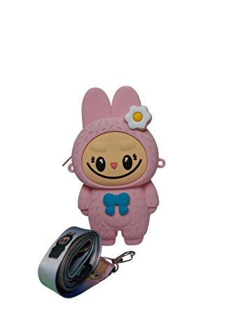 Spteks Kız Çocuk Labubu Model Fiyonk Detaylı Pembe Renk Silikon Askılı Çanta Cüzdan