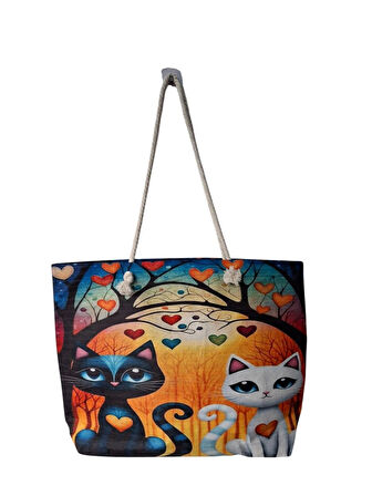 Spteks Karışık Renk Baskılı Kedi Figürlü Keçe Kadın Yazlık Plaj Ve Tatil El Çantası