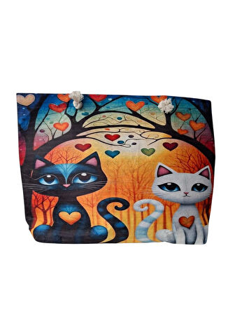 Spteks Karışık Renk Baskılı Kedi Figürlü Keçe Kadın Yazlık Plaj Ve Tatil El Çantası
