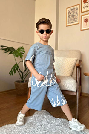 Yeni Sezon Alev Desenli Mavi Renk Erkek Çocuk Şortlu Takım