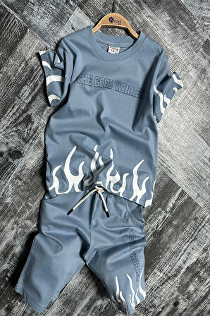 Yeni Sezon Alev Desenli Mavi Renk Erkek Çocuk Şortlu Takım