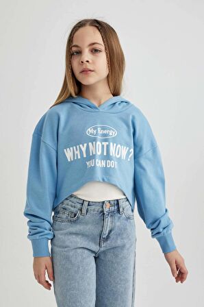 DeFacto Kız Çocuk Oversize Fit Baskılı Kapüşonlu Crop Sweatshirt C0483A824SPBE281
