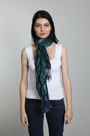 Mavi-Koyu Yeşil Renkli İpekli Polyester Şal