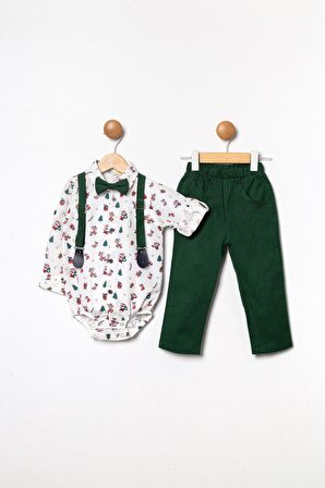 Erkek Bebek Yılbaşı Temalı Aylık Beyaz Gömlek Gabardin Pantolon 4'lü Takım