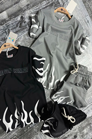 Yeni Sezon Alev Desenli Siyah Renk Erkek Çocuk Şortlu Takım