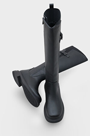 Kadın Kemer Tokalı Yandan Fermuarlı Günlük Çizme Elena Siyah