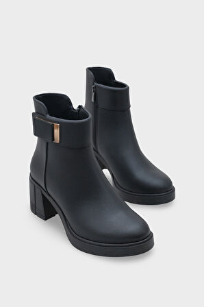 Kadın Tokalı Yandan Fermuarlı  Topuklu Bot Hilosy Siyah