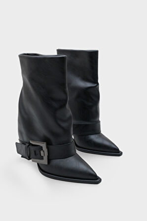 Kadın Sivri Burun Kemer Tokalı Topuklu Günlük Bot Hatiy Siyah