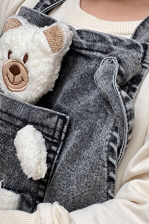 Unisex Çocuk Askısı Bağlamalı Teddy Oyuncaklı 2'li Kot Salopet