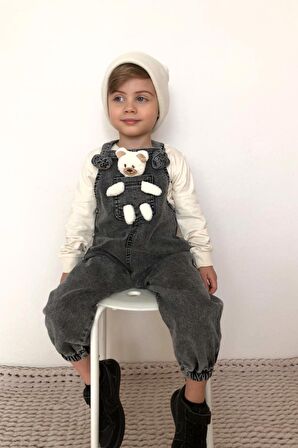 Unisex Çocuk Askısı Bağlamalı Teddy Oyuncaklı 2'li Kot Salopet