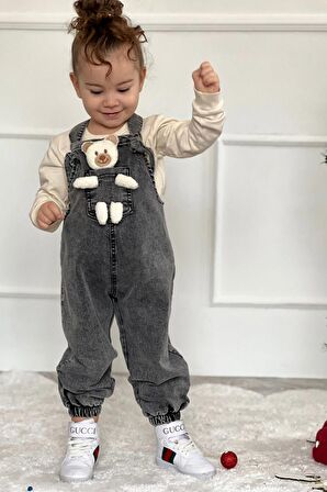 Unisex Çocuk Askısı Bağlamalı Teddy Oyuncaklı 2'li Kot Salopet