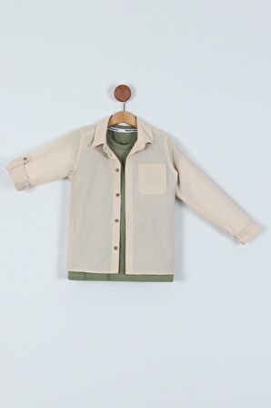 Erkek Çocuk Mevsimlik Boyamalı Pamuklu Cepli Gömlek Tişört 2'li Takım