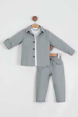 Erkek Çocuk Pamuklu Gömlek Tişört Pantolon 3'lü Alt Üst Takım