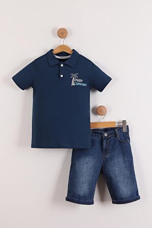 Erkek Çocuk Polo Yaka Enjoy Baskılı Tişört Kot Şort 2'li Takım