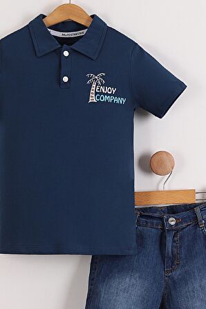 Erkek Çocuk Polo Yaka Enjoy Baskılı Tişört Kot Şort 2'li Takım