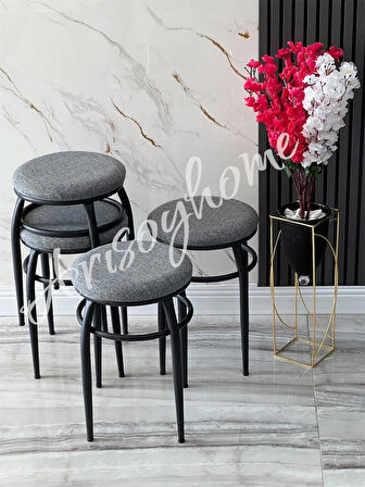 4 Adet Demir Ayaklı Tabure, Gri Tabure, Mutfak Balkon Taburesi, Kumaş Tabure, Tabure, Oturak