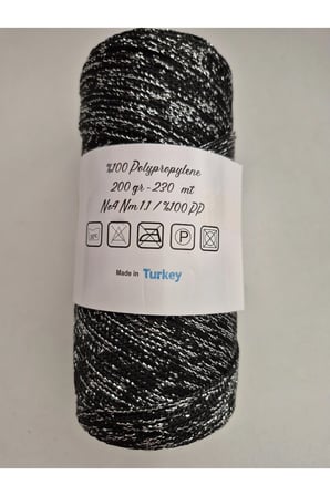 Makrome Polyester ip 200 gram Siyah (Beyaz Simli)