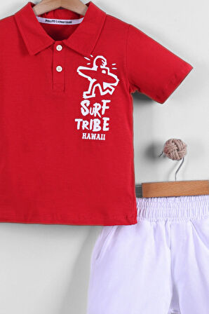 Erkek Çocuk Polo Yaka Arkası Baskılı Şörtlu 2'li Takım