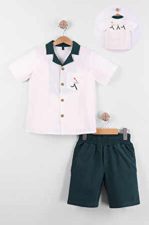 Erkek Çocuk Apaş Yakalı Gömlek Cepli Arkası Nakışlı 2'li Takım