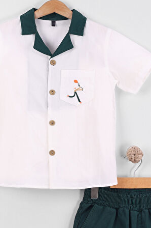 Erkek Çocuk Apaş Yakalı Gömlek Cepli Arkası Nakışlı 2'li Takım
