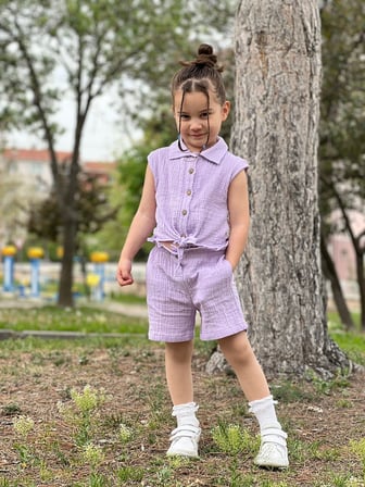 Kız Çocuk Müslin Gömlekli Şortlu Takım 