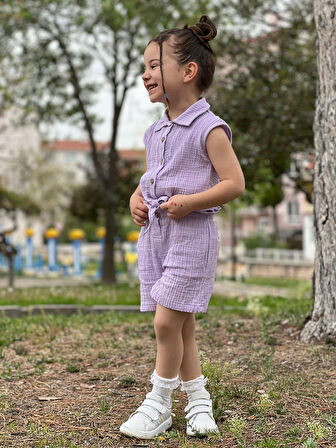 Kız Çocuk Müslin Gömlekli Şortlu Takım 