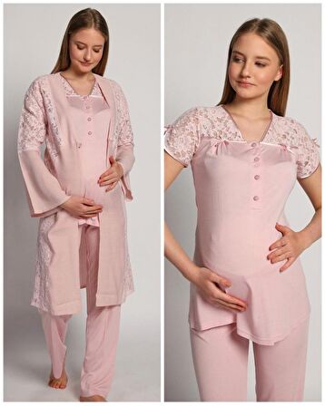 Bone Club 4905 Pembe Krinkel Sabahlıklı Lohusa 3 Lü Pijama Sabahlık 