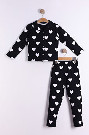 Kız Çocuk Kalp Baskılı Önü Düğmeli %100 Pamuk Pijama Takımı