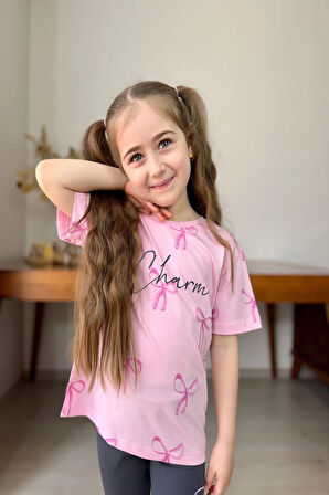 Fiyonk Desenli Kız Çocuk Pembe Renk Taytlı Takım