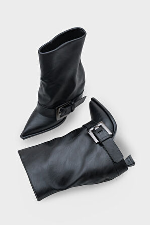 Kadın Sivri Burun Kemer Tokalı Topuklu Günlük Bot Hatiy Siyah