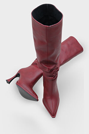 Kadın Sivri Burun Topuklu Günlük Çizme Semore Bordo