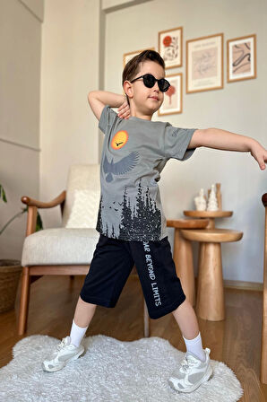 Kartal Desenli Gri Renk Erkek Çocuk Şortlu Takım