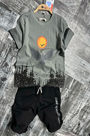 Kartal Desenli Gri Renk Erkek Çocuk Şortlu Takım