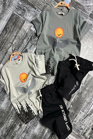 Kartal Desenli Gri Renk Erkek Çocuk Şortlu Takım