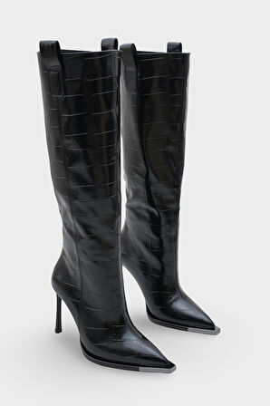 Kadın Kroko Sivri Burun Topuklu Günlük Çizme Elinos Siyah