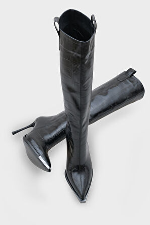 Kadın Kroko Sivri Burun Topuklu Günlük Çizme Elinos Siyah