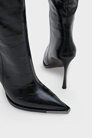 Kadın Kroko Sivri Burun Topuklu Günlük Çizme Elinos Siyah