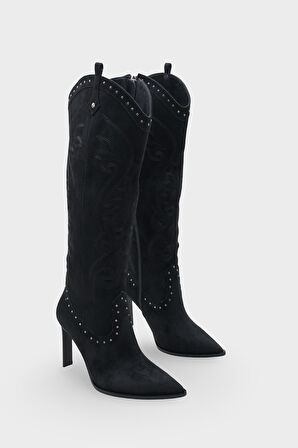 Kadın Sivri Burun Western Kovboy Topuklu Günlük Çizme Hislev Siyah