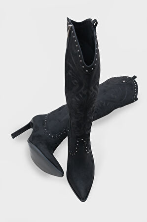 Kadın Sivri Burun Western Kovboy Topuklu Günlük Çizme Hislev Siyah