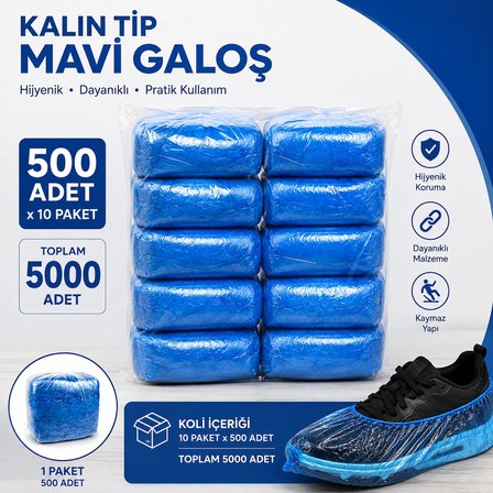 Galoş Mavi 10'lu Koli - 5000 ADET - Çift Lastikli - 10 MİKRON - KALIN TİP