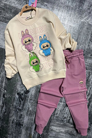 Labubu Desenli Kız Çocuk Pembe Renk Eşofman Takım 2 li Set