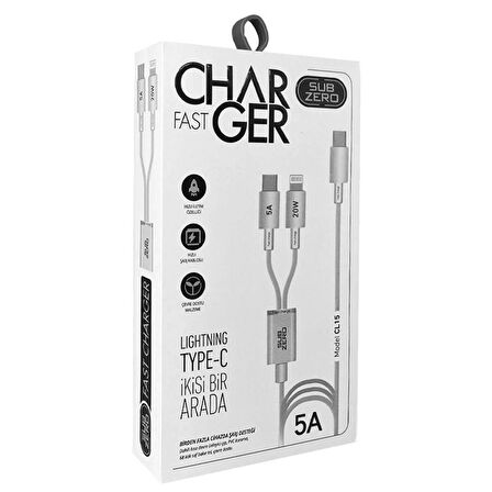 Subzero Cl15 Hızlı Şarj Kablosu: 2si1 Arada Lightning (Apple/iPhone) + Type-C 20W 5A Fast Charger