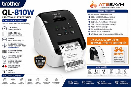 BROTHER P-TOUCH QL-810W 62MM e kadar Baskı Dk serisi USB Wi-Fi Etiket Yazıcı + DK-22205 62MM Termal Etiket, 30 Metre Hediye