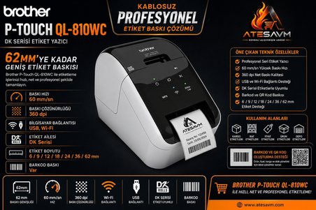 BROTHER P-TOUCH QL-810W 62MM e kadar Baskı Dk serisi USB Wi-Fi Etiket Yazıcı + DK-22205 62MM Termal Etiket, 30 Metre Hediye
