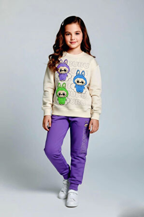 Labubu Desenli Kız Çocuk Lila Renk Eşofman Takım 2 li Set