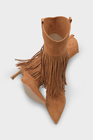 Kadın püskül Detaylı Topuklu Sivri Burun Kovboy Günlük Çizme Etersel Kahve