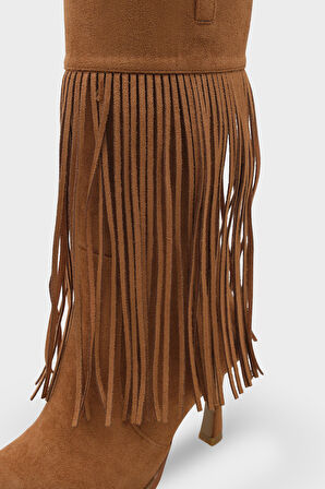 Kadın püskül Detaylı Topuklu Sivri Burun Kovboy Günlük Çizme Etersel Kahve