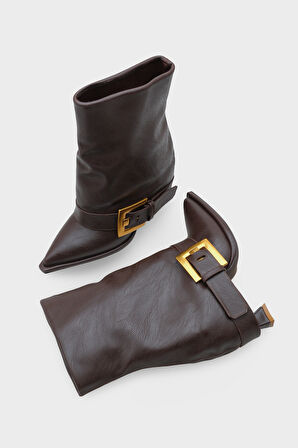 Kadın Sivri Burun Kemer Tokalı Topuklu Günlük Bot Hatiy Kahve