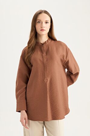 DeFacto Relax Fit Hakim Yaka Basic Düz Uzun Kollu Tesettür Gömlek Tunik E1757AX25SPBN519